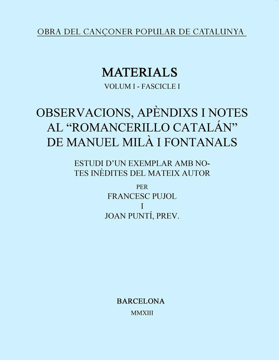 OBRA DEL CANÇONER POPULAR DE CATALUNYA. VOLUM I. FASCICLE 1. OBSERVACIONS, APÈND | 9788498835922 | VARIOS AUTORES | Llibreria Online de Tremp