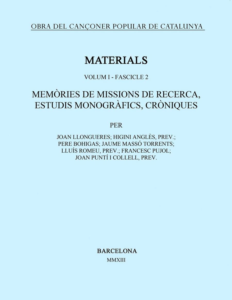 OBRA DEL CANÇONER POPULAR DE CATALUNYA. VOLUM I. FASCICLE 2. MEMÒRIES DE MISSION | 9788498835939 | VARIOS AUTORES | Llibreria Online de Tremp